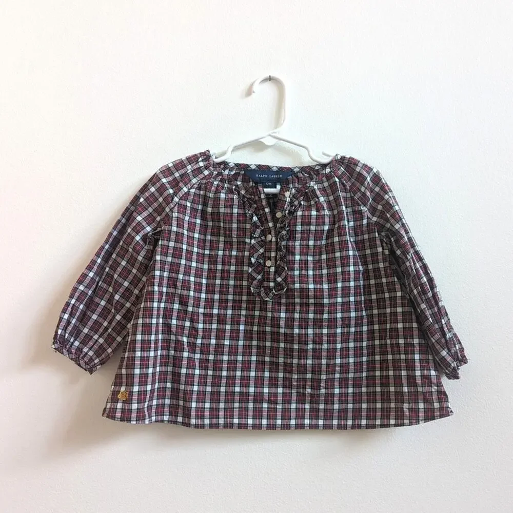 Ralph Lauren Red Tartan Plaid Blouse Shirt Baby Girls 12m Christmas Holidays